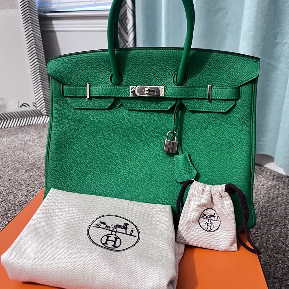 Hermes Birkin 35 Green Leather Handbag with Silver Hardware